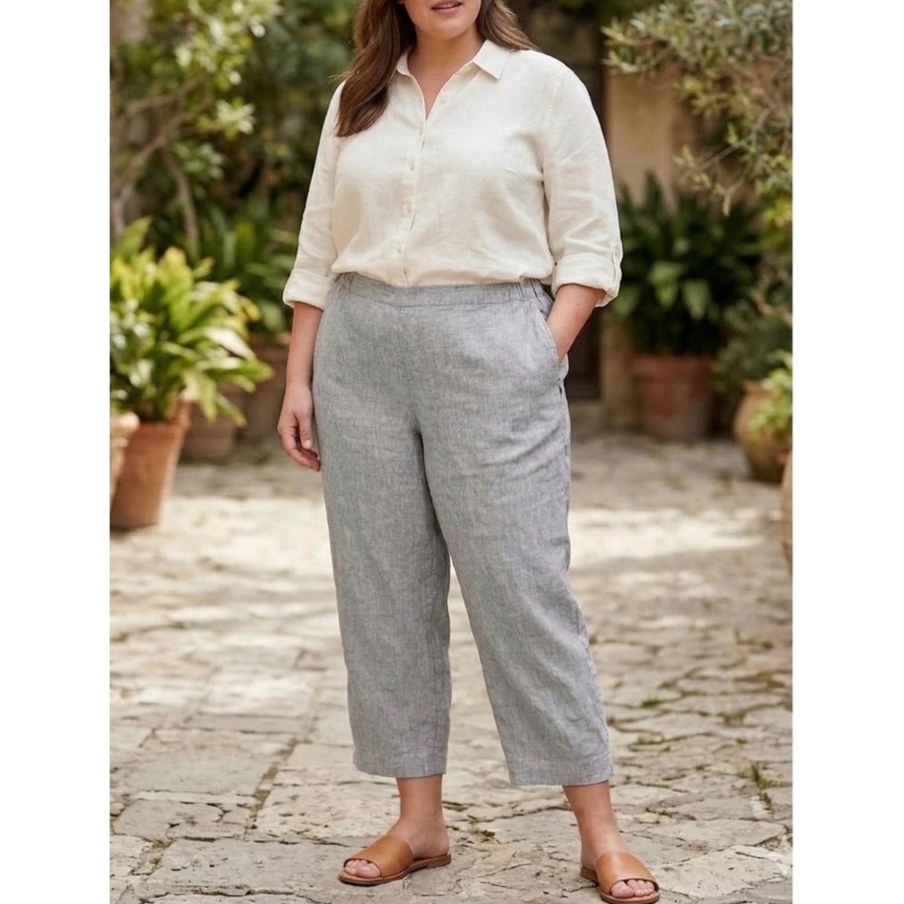 100% LINEN J. Jill Pant Pull On Cropped Light Gray Grey Beach